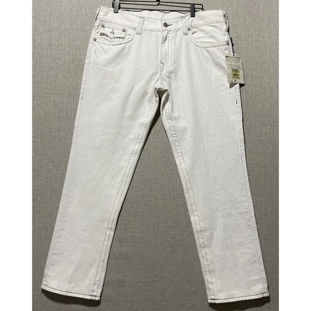 True Religion Straight Jeans Women's 38 White Gray Stitch Flap Meas. 40X31 NEW